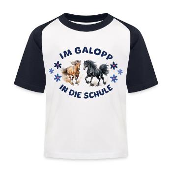 Im Galopp in die Schule - 2 Pferde - Einschulung - Kinder Baseball T-Shirt - Weiß/Navy - Vorne