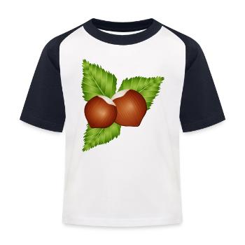 zwei leuchtend braune Haselnüsse mit Blätter - Kinder Baseball T-Shirt - Weiß/Navy - Vorne