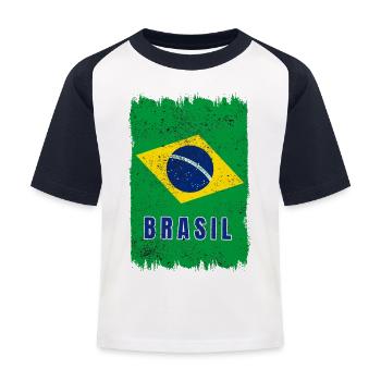 Brasilien Flagge - Kinder Baseball T-Shirt - Weiß/Navy - Vorne