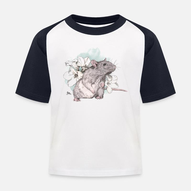 Rat devant de délicates fleurs sur une masse aquarelle - T-shirt baseball Enfant - blanc/marine