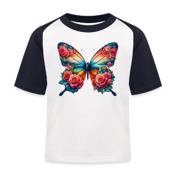 Schmetterling Rosa Blumen Rosen Dornen Rosengarten - Kinder Baseball T-Shirt - Weiß/Navy - Vorne