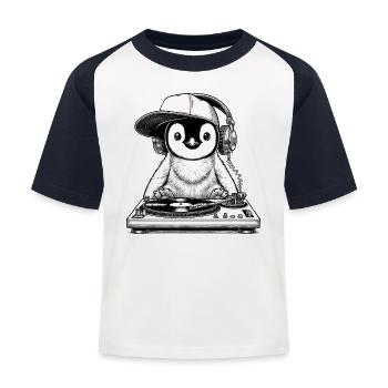 cool pinguïnmotief als DJ met koptelefoon - Kinderen baseball T-shirt - wit/navy - Voor