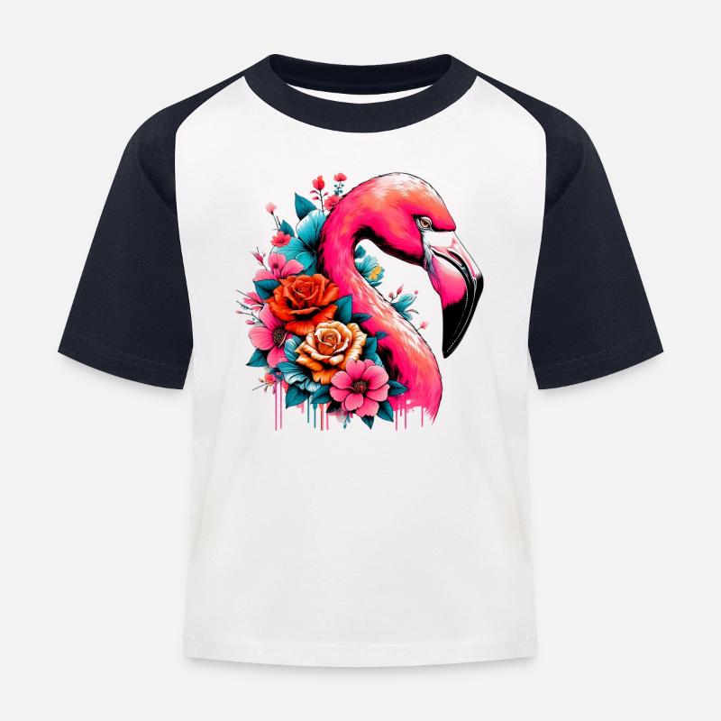 Flamingo - Kinder Baseball T-Shirt - Weiß/Navy
