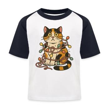Whimsical Calico Cat with Festive Lights - Kids' Baseball T-Shirt - white/navy - Front