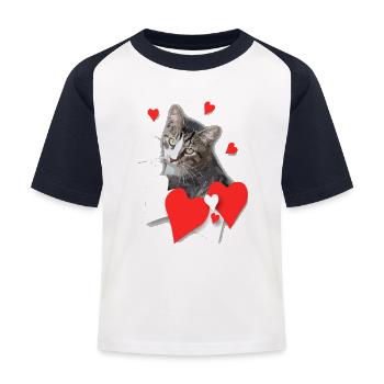 Herzkatze Liebeslook graue Katze Herzen - Kinder Baseball T-Shirt - Weiß/Navy - Vorne