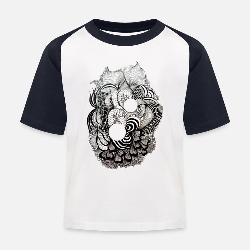 Black and White Flower Ring Pattern - Kids' Baseball T-Shirt - white/navy