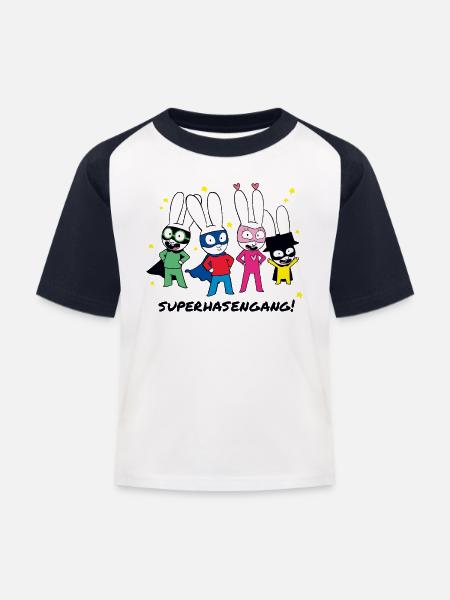 Simon Superhase Mit Seiner Superhasengang - Kinder Baseball T-Shirt - Weiß/Navy