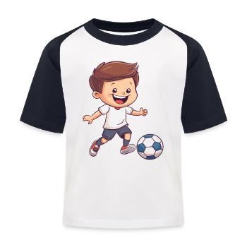 Kicker-Junior: Fröhlicher Junge Fußball - Kinder Baseball T-Shirt - Weiß/Navy - Vorne