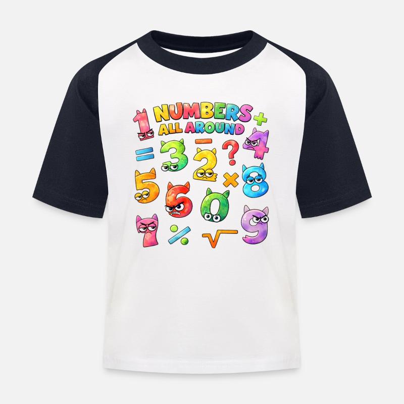 Rainbow Math Faces & Numbers - Kinder Baseball T-Shirt - Weiß/Navy