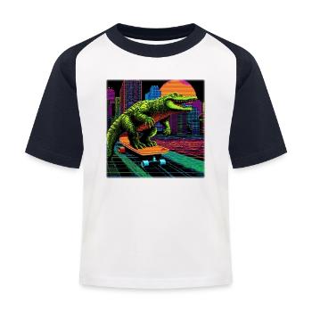 Pixel Art Crocodile – Retro Skater Synthwave - Kids' Baseball T-Shirt - white/navy - Front