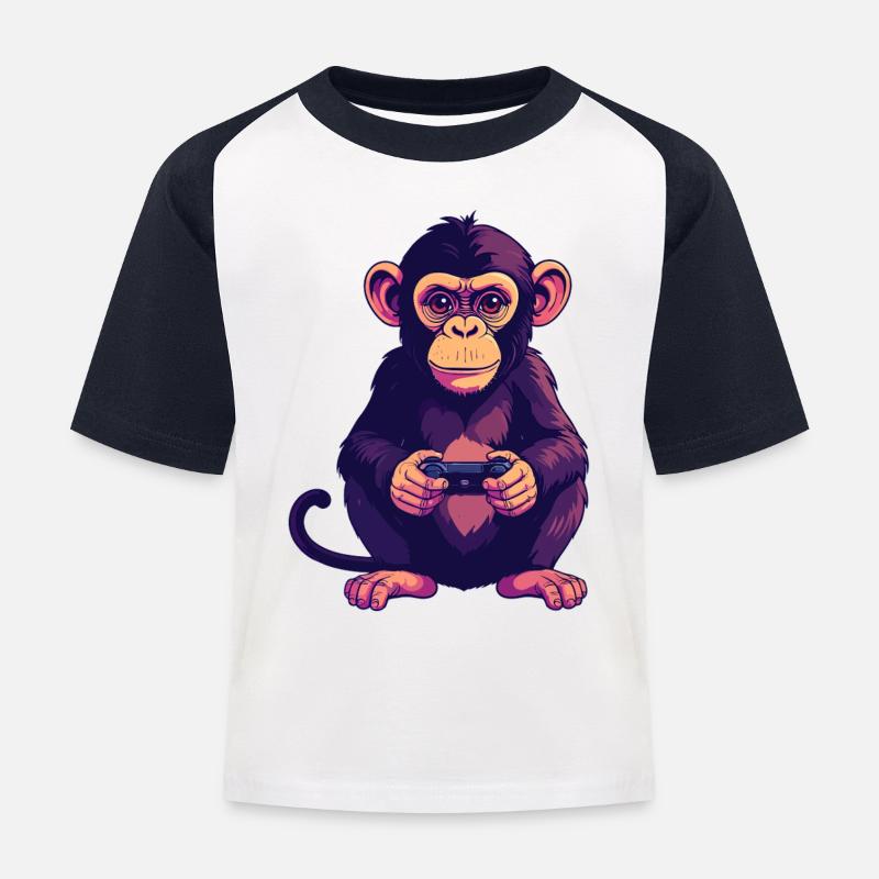 Monkey on controller playing console gaming - Kids' Baseball T-Shirt - white/navy