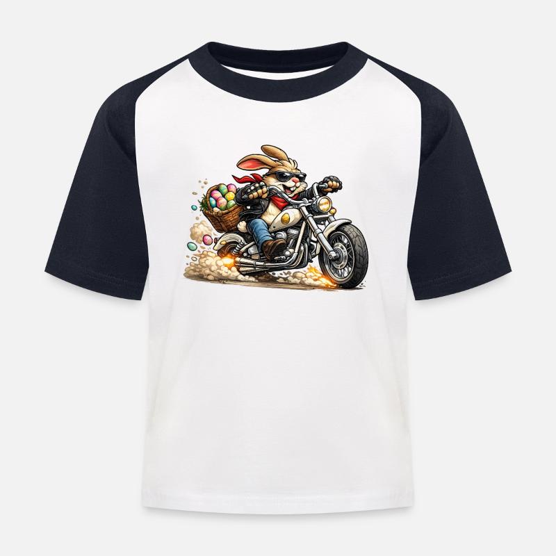 Easter bunny on motorcycle - Kids' Baseball T-Shirt - white/navy