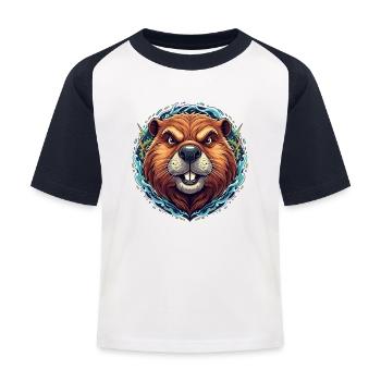 Leuchtender Biber im Neonring - Kinder Baseball T-Shirt - Weiß/Navy - Vorne