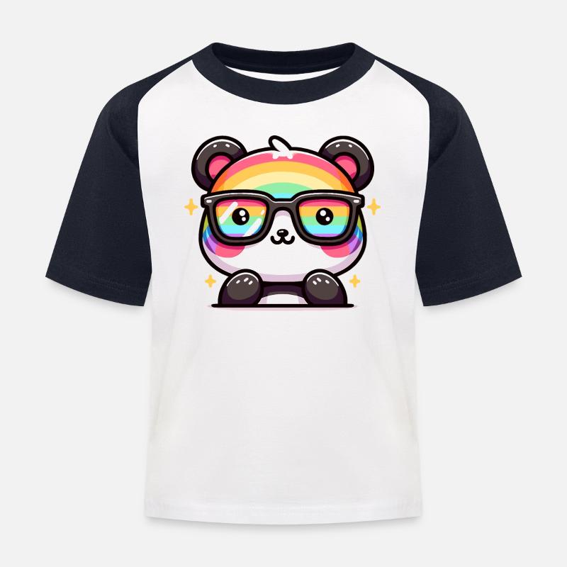 Regenbogen Panda mit Sonnenbrille - Kinder Baseball T-Shirt - Weiß/Navy