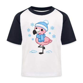 Winter Flamingo mit Schal - Kinder Baseball T-Shirt - Weiß/Navy - Vorne