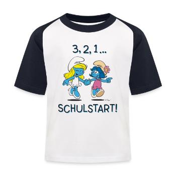 Schlümpfe Design 3,2,1… Schulstart - Kinder Baseball T-Shirt - Weiß/Navy - Vorne