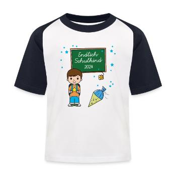 Endlich Schulkind Junge 2024 Einschulung Schule - Kinder Baseball T-Shirt - Weiß/Navy - Vorne