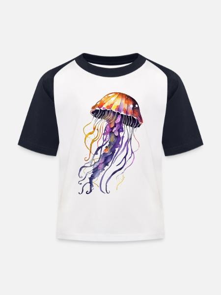 Qualle Aquarell - Kinder Baseball T-Shirt - Weiß/Navy