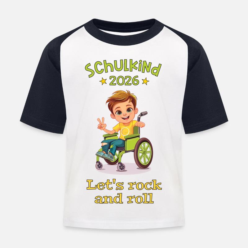 Schulanfang - Einschulung - Junge - Rollstuhl - Kinder Baseball T-Shirt - Weiß/Navy