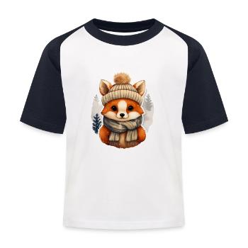 Fuchs mit Mütze und Schal - Kinder Baseball T-Shirt - Weiß/Navy - Vorne