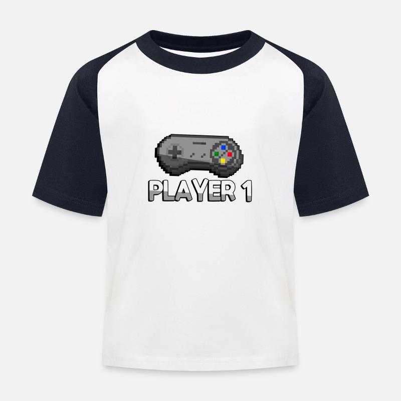 PLAYER 1 + SNES Controller - Gaming - Kinder Baseball T-Shirt - Weiß/Navy