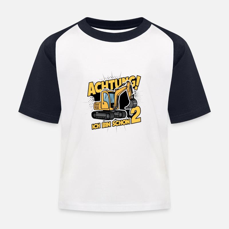 Ich bin schon 2 - Bagger - Kinder Baseball T-Shirt - Weiß/Navy