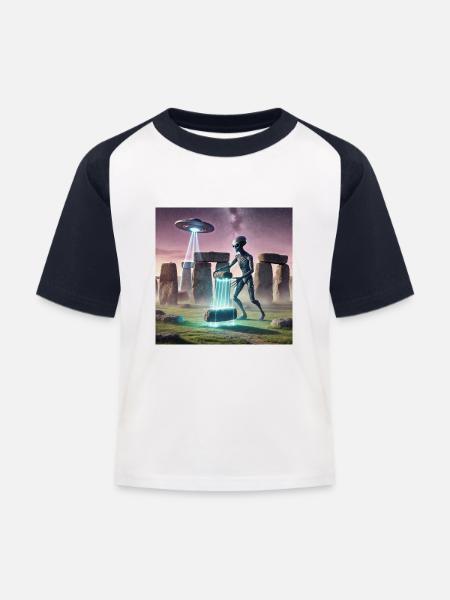Alien baut Stonehenge - Kinder Baseball T-Shirt - Weiß/Navy