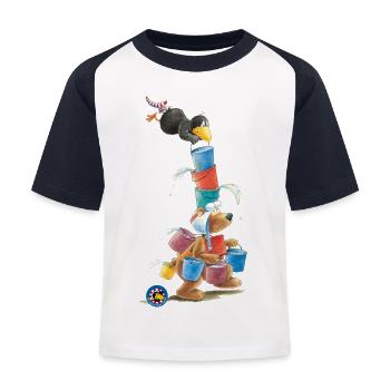 Der kleine Rabe Socke mit Eddi Wassereimer - Kinder Baseball T-Shirt - Weiß/Navy - Vorne