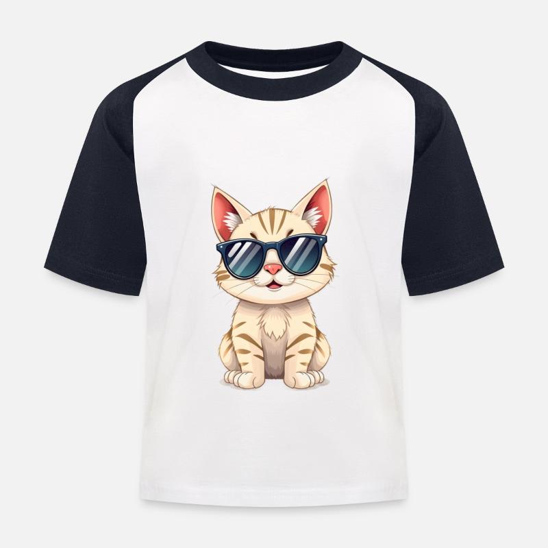 Cool Cat - Kinder Baseball T-Shirt - Weiß/Navy