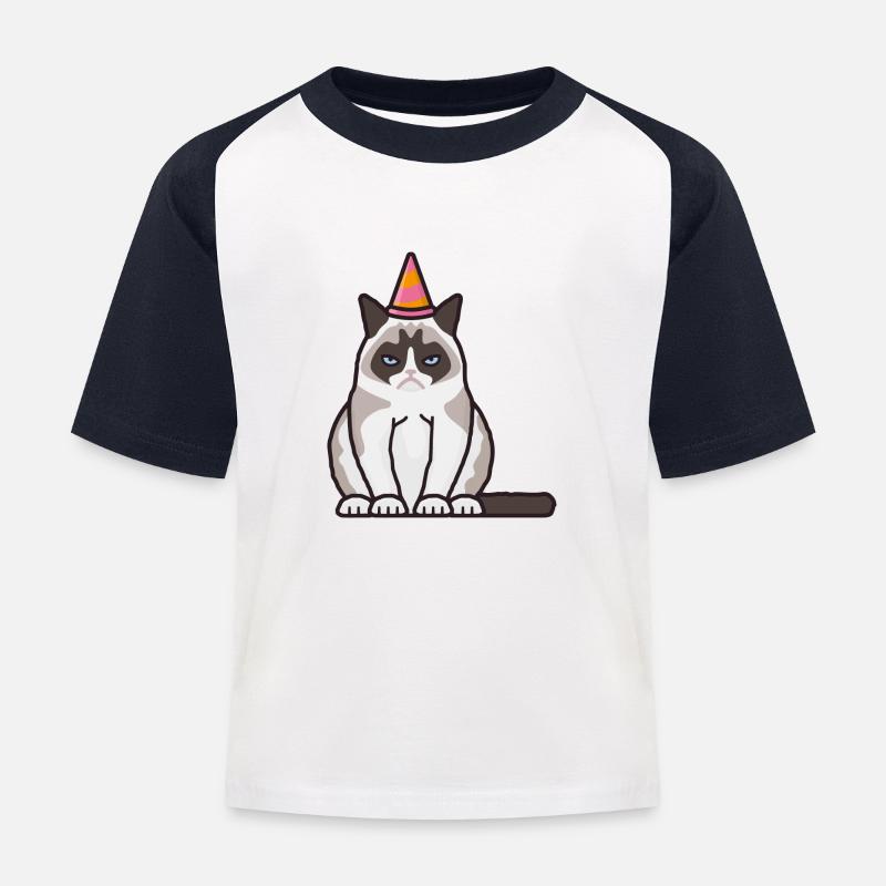 Grumpy, grim cat with party hat - Kids' Baseball T-Shirt - white/navy