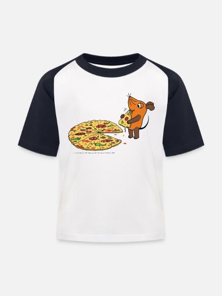 Die Maus mit Pizza - Kinder Baseball T-Shirt - Weiß/Navy