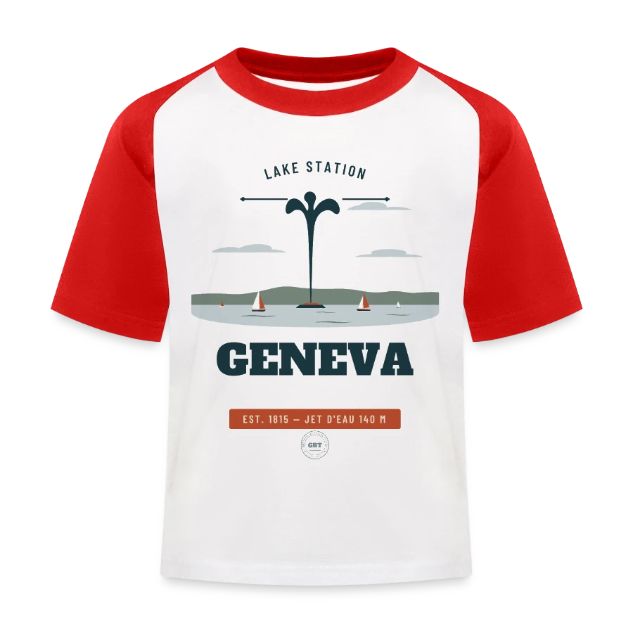 Geneva badge on a kids' baseball t-shirt, white/red