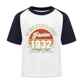 91 Years February 1932 Anniversary Vintage Gift - Kids' Baseball T-Shirt - white/navy - Front