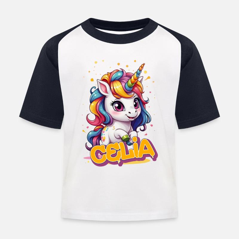 CELIA - Schöner Mädchen Name mit süßem Einhorn - Kinder Baseball T-Shirt - Weiß/Navy