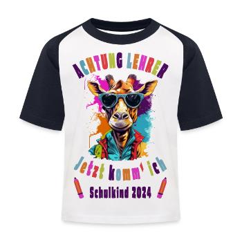 Schulkind 2024 - Achtung Lehrer! - Coole Giraffe - Kinder Baseball T-Shirt - Weiß/Navy - Vorne