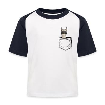 Hipster Alpaka mit Sonnenbrille | Lama in Tasche - Kinder Baseball T-Shirt - Weiß/Navy - Vorne