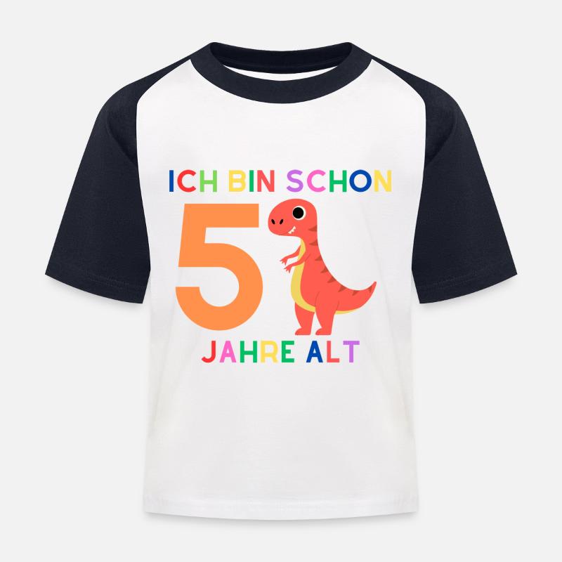 Ich bin 5 Junge, Dinosaurier - Kinder Baseball T-Shirt - Weiß/Navy