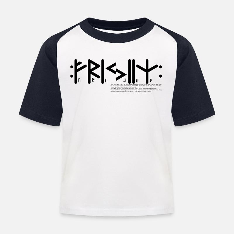 Friese(n) "Frijiiz" germ. Stamm, Text & Info - Kinder Baseball T-Shirt - Weiß/Navy