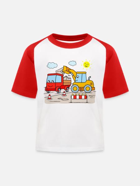 Excavators and dump trucks at the children's construction site - Kids' Baseball T-Shirt - white/red