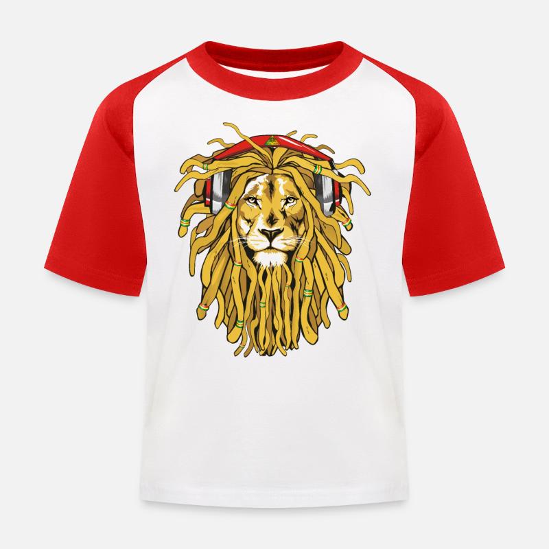 Rasta Lion avec écouteurs - T-shirt baseball Enfant - blanc/rouge