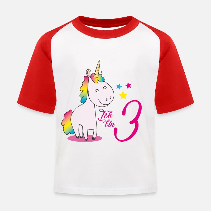 Ich bin drei - Einhorn - Kinder Baseball T-Shirt - Weiß/Rot