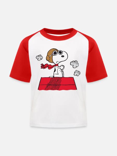Peanuts Snoopy Pilot Fliegen - Kinder Baseball T-Shirt - Weiß/Rot