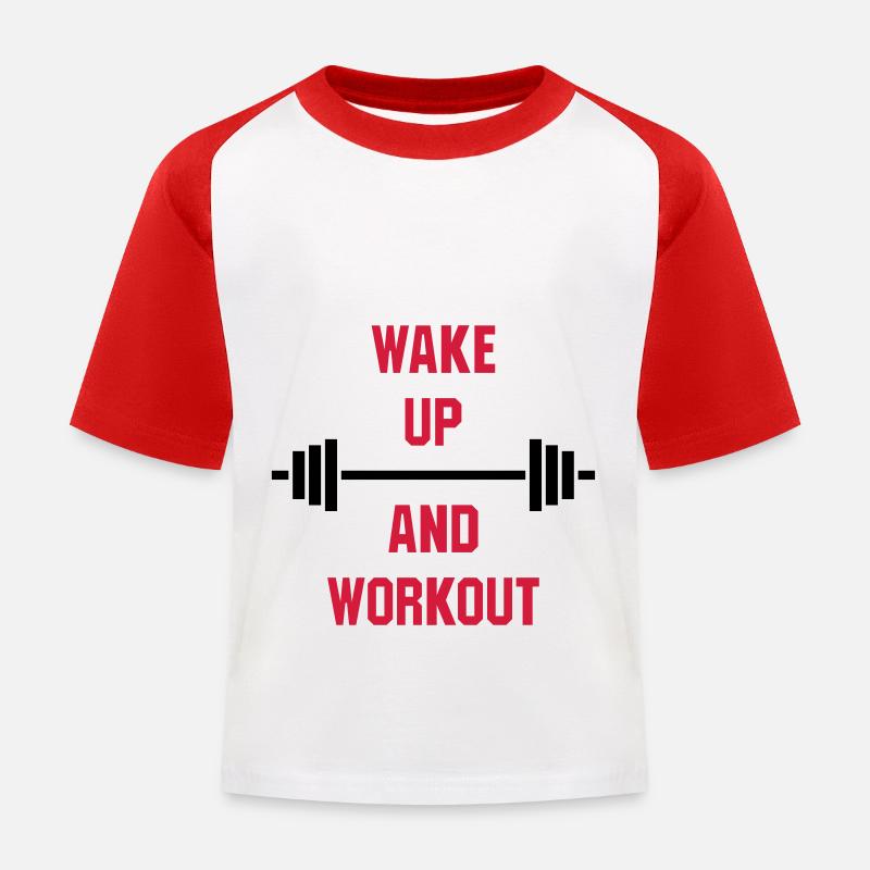 ★ Designfarben änderbar ★ Wake up and workout - Kinder Baseball T-Shirt - Weiß/Rot
