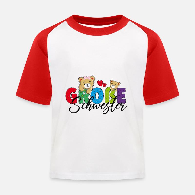 Große Schwester Teddy - Kinder Baseball T-Shirt - Weiß/Rot