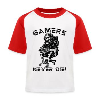 Gamers Never Die – Zocker Skelett Design - Kinder Baseball T-Shirt - Weiß/Rot - Vorne