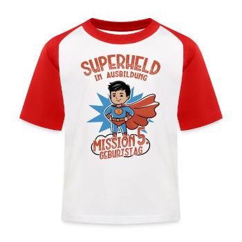 Superheld 5. Geburtstag Junge schwarze Haare - Kinder Baseball T-Shirt - Weiß/Rot - Vorne
