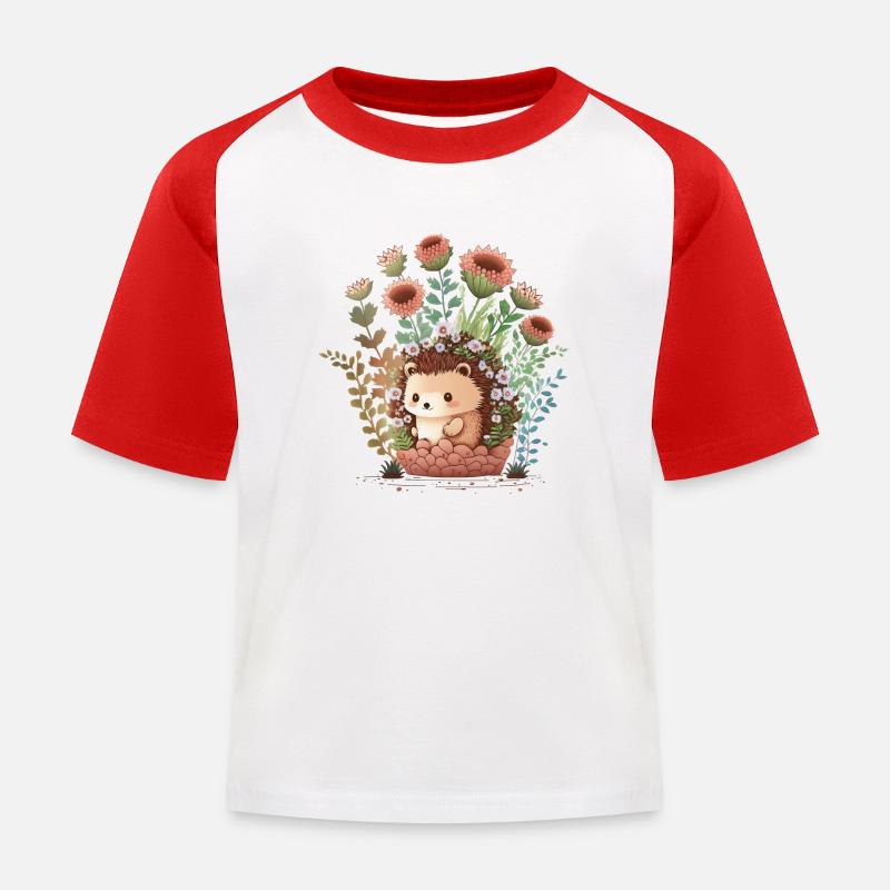 Hérisson mignon, pot de fleurs, animaux indigènes - T-shirt baseball Enfant - blanc/rouge