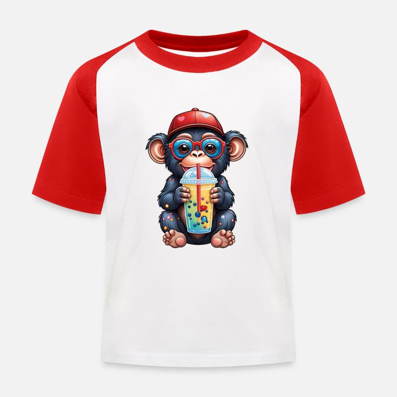 Kleiner Affe Schimpanse mit Limonade - Kinder Baseball T-Shirt - Weiß/Rot