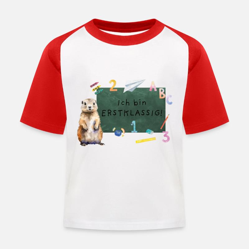 Schulanfang Murmeltier - Kinder Baseball T-Shirt - Weiß/Rot