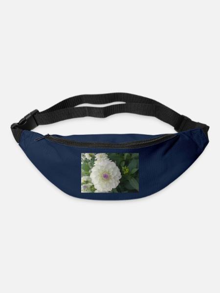 Weiße Dahlia Eveline – Botanisches Blumenfoto - Gürteltasche - Navy